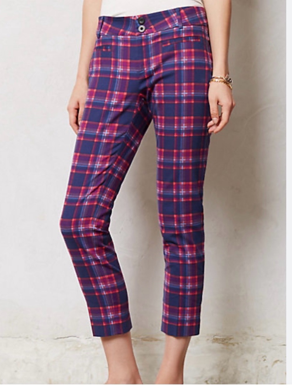 ANTHROLOGIE CARTONNIER BLUE & PINK TARTAN PLAID CHARLIE ANKLE PANTS SZ 8